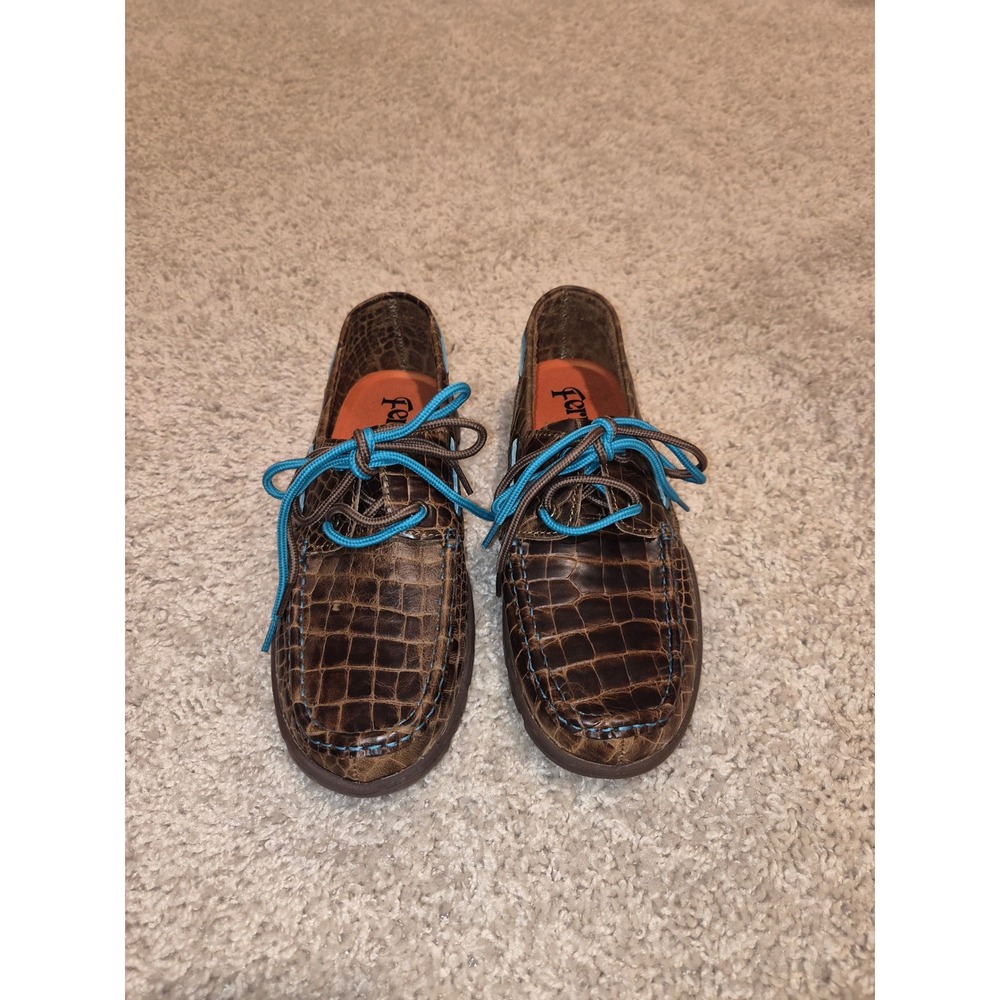 Ferrini 65322-10 Women's 7.5B Brown Croc Print Leather Loafers Teal Lace